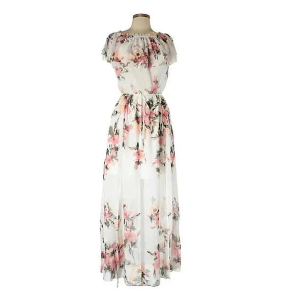 White House Black Market Floral Maxi Dress Chiffon Off the Shoulder Ruffle M NWT - Picture 1 of 10